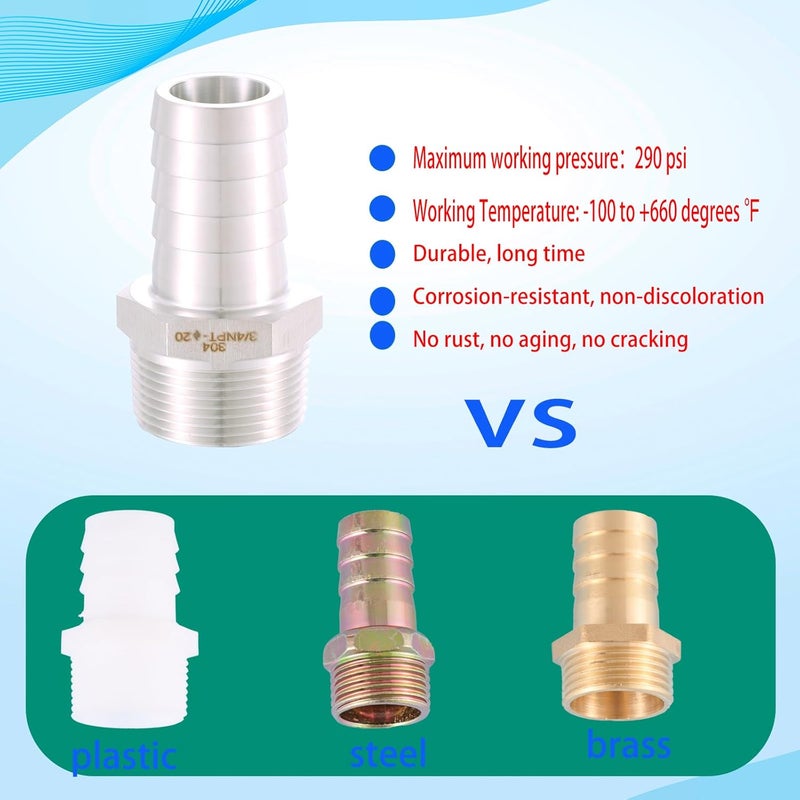 CbeeSo 304 Stainless Steel 3/4" Hose Barb to 3/4" Male NPT Home Brew Fitting Water Fuel Air， lead-free (Pack of 2) - Image 5